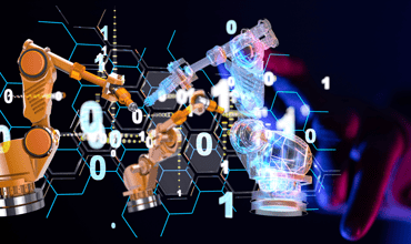 manufacturing robots with zeros and ones in the background