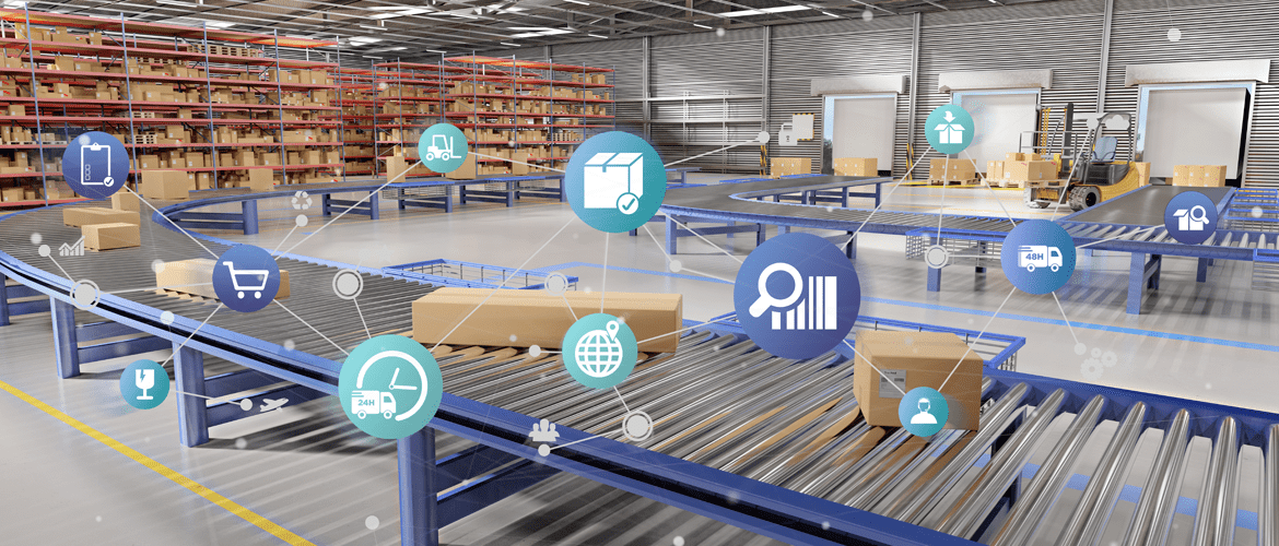 supply warehouse with digital icons