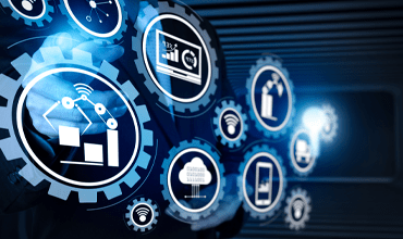 icons with manufacturing equipment, dashboards, mobile device and IoT symbols