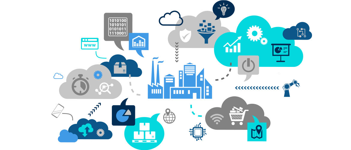 Manufacturing plant with Big Data & quality icons