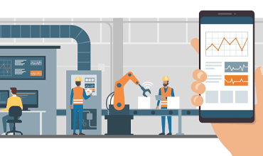 assembly line with dashboards on monitors and mobile devices