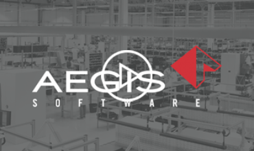 Aegis Logo and video play butting with manufacturing floor in backgoround