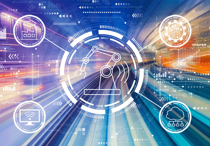 Unscharfe Autobahn mit Fertigungs- und digitalen Symbolen