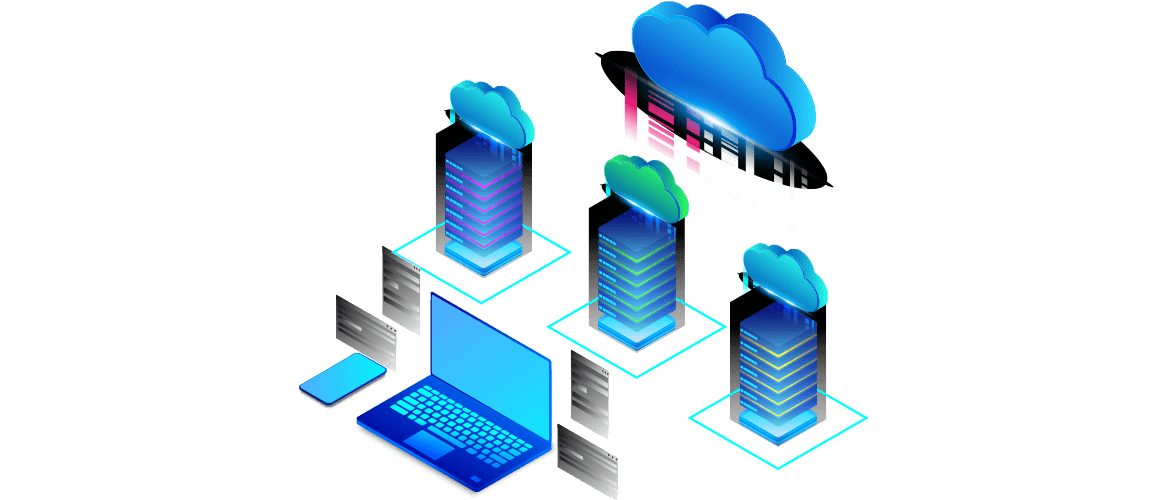 Laptop with data floating up to clouds