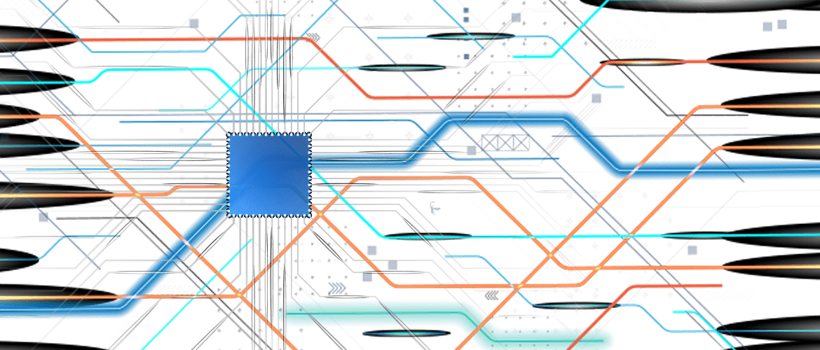 Blue Chip mit weißen, orangefarbenen und blauen Digitalleitungen