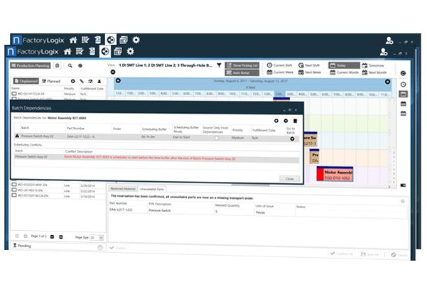 Pantalla de FactoryLogix que muestra las capacidades de visibilidad de materiales