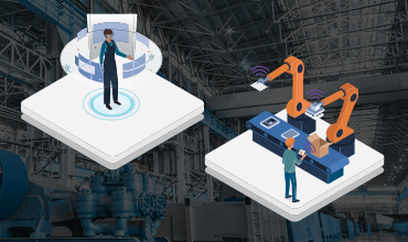 image of person interacting with augmented reality and image of worker at assembly line