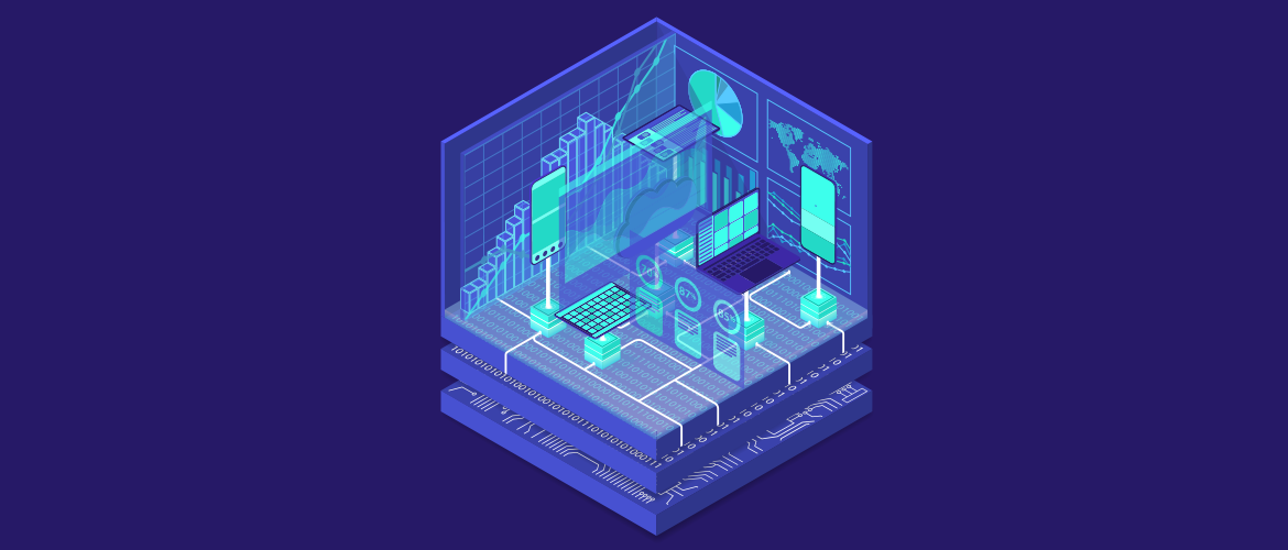 Advanced Analytics illustration with mobile devices and data dashboards