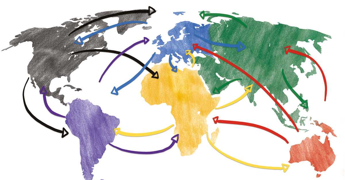 World map with arrows pointing in different directions